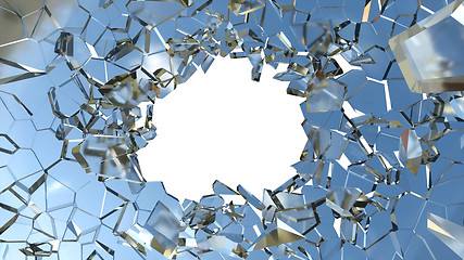 Image showing Shattered glass: sharp Pieces and hole on white