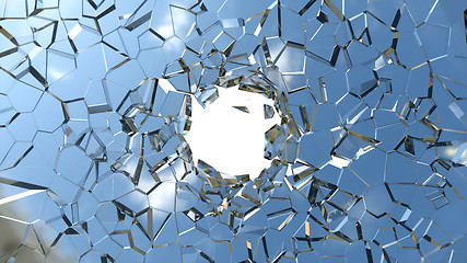 Image showing Sharp pieces of blue shattered glass and hole 