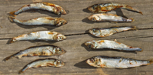 Image showing Plenty of small dried fishes on a stack