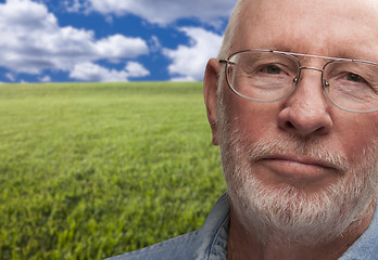 Image showing Melancholy Senior Man with Grass Field Behind