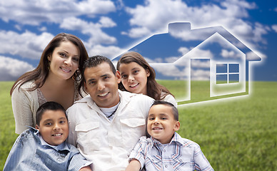 Image showing Hispanic Family Sitting in Grass Field with Ghosted House Behind