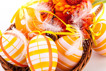 Image showing Colourful yellow decorated Easter eggs