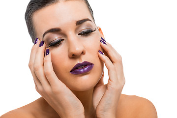 Image showing Graceful attractive woman with purple lips and nails