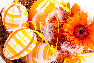 Image showing Colourful yellow decorated Easter eggs