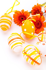 Image showing Colourful yellow decorated Easter eggs