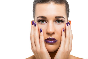 Image showing Graceful attractive woman with purple lips and nails