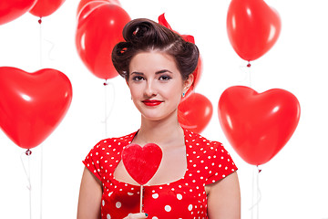 Image showing smiling young attractive girl woman with red lips isolated