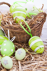 Image showing Colourful green Easter eggs in straw