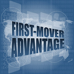 Image showing first mover advantage words on digital touch screen interface