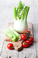 Image showing fresh organic fennel, celery and tomatoes 