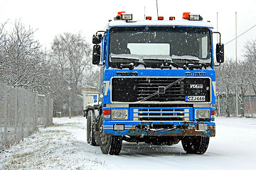 Image showing Blue Volvo F16 Truck in Snowfall