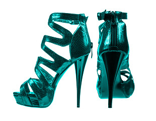 Image showing Women's shoes dark turquoise colors. collage 