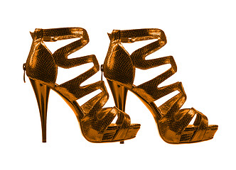 Image showing Women's shoes golden colors. collage 