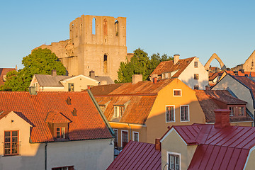 Image showing Rooftops and a medieval fortress in Visby, Sweden