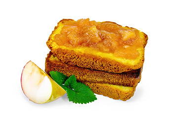 Image showing Bread stacked with apple jam and apple