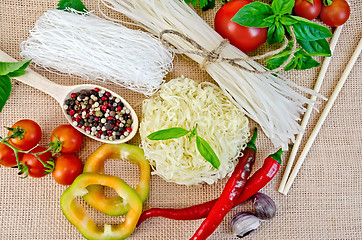 Image showing Noodles rice different with vegetables on sacking