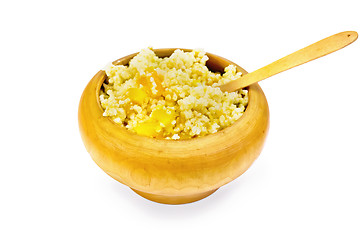 Image showing Porridge millet with pumpkin in a wooden bowl with spoon