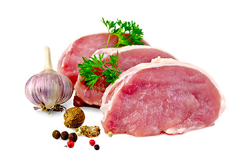 Image showing Meat pork slices with spices and garlic
