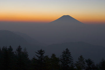 Image showing Sunrise with Pine Trees and Mountain