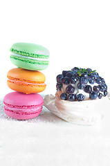 Image showing Macarons and blueberry cake