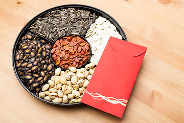 Image showing Assorted Snack box and red pocket for Lunar new year