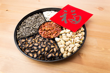 Image showing Assorted chinese sytle snack tray and chinese calligraphy, meani