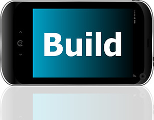 Image showing smartphone with text build on display. Mobile smart phone on White background