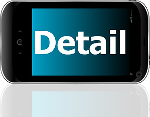 Image showing Marketing concept: smartphone with text detail on display. Mobile smart phone on White background