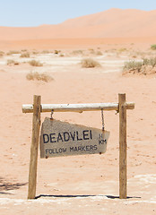 Image showing Sign of the Deadvlei (Sossusvlei), the famous red dunes of Namib