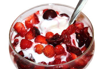 Image showing ice-cream with cherry and wild strawberry