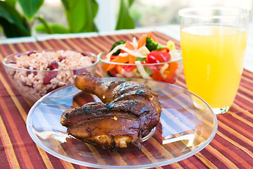 Image showing Jerk Chicken with Vegetables, Rice and Lemonade