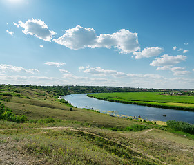 Image showing blue sky with clouds over river