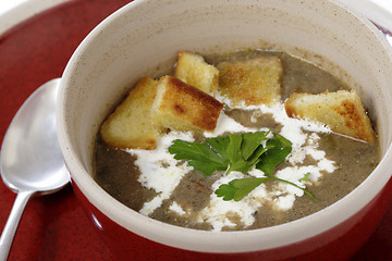 Image showing Mushroom soup with cream and croutons
