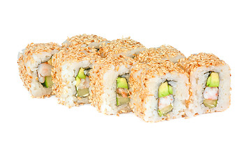 Image showing sushi rolls with sesame avocado and shrimp