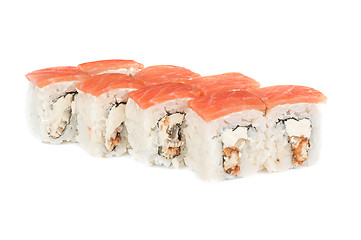 Image showing Roll with cream cheese, smoked eel and salmon fish