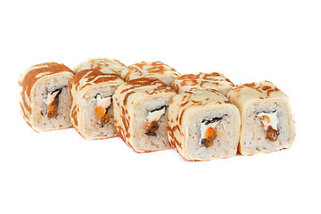 Image showing pancake sushi rolls with red caviar