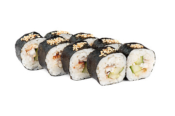 Image showing Roll made cucumber, smoked eel and sesame