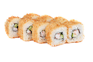 Image showing roasted sushi rolls with cucumber and shrimp