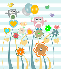 Image showing Cute kids background with flowers, owls and birds