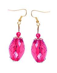 Image showing Earrings in light-cherry glass with gold elements. white backgro