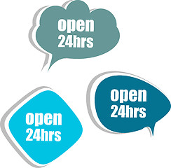 Image showing open 24 hours word on modern banner design template. set of stickers, labels, tags, clouds