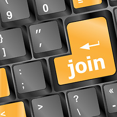 Image showing online communities concept, with 'join us' on computer keyboard.