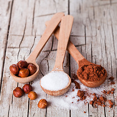 Image showing sugar, hazelnuts and cocoa powder in spoons 