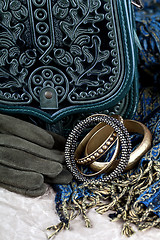 Image showing vintage bag, leather gloves, bracelets and scarf 