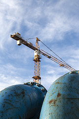 Image showing Blue pipelines at construction site