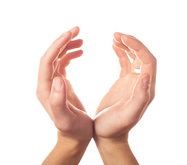 Image showing Two human hands showing sphere on white background