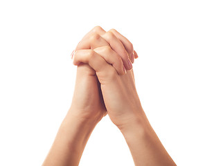 Image showing Two pleading human hands isolated on white background