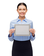 Image showing smiling businesswoman with blank tablet screen