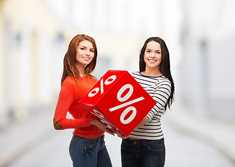 Image showing two smiling teenage girl with percent sign on box