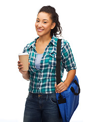 Image showing smiling student with bag and take away coffee cup